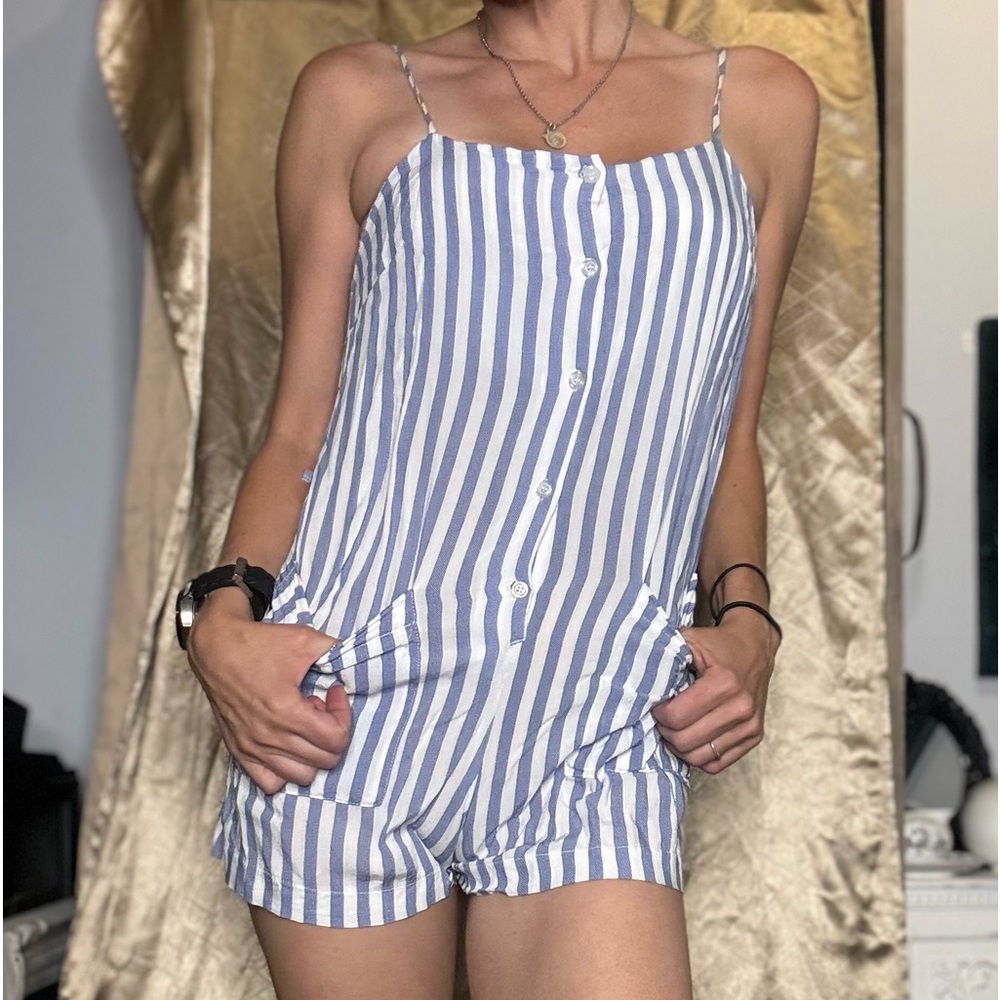 Vintage old-fashioned swimsuit style jumper blue, and white pinstripe  pockets